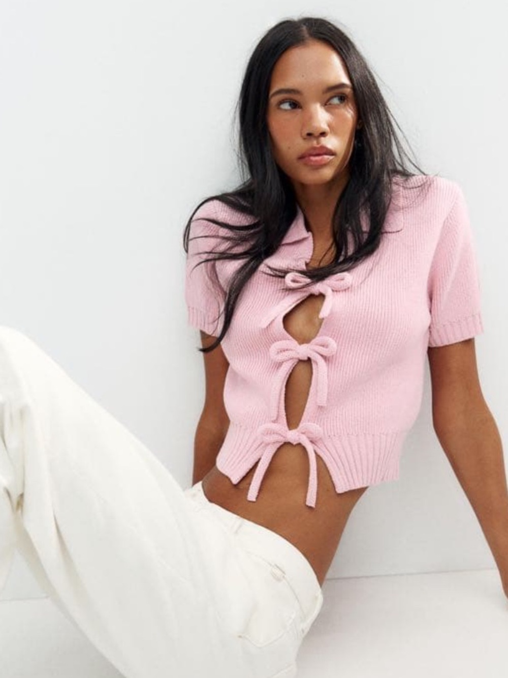 Zara NWT Pink Bow Tie Knit Top 2142/007/637 Size Small